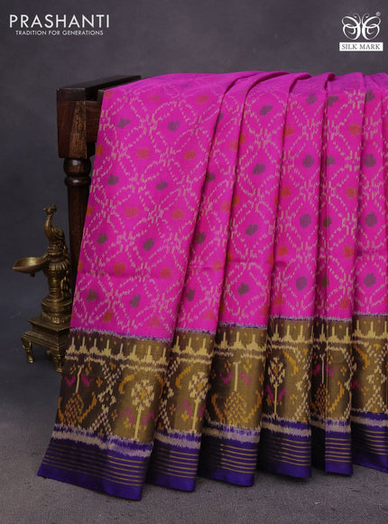 Rajkot patola silk saree pink and blue with allover ikat weaves and zari woven ikat border