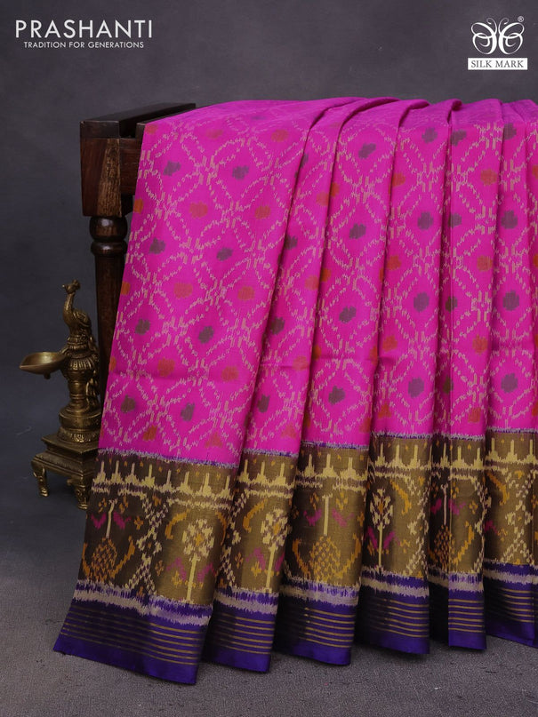 Rajkot patola silk saree pink and blue with allover ikat weaves and zari woven ikat border