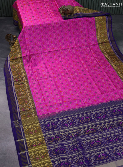 Rajkot patola silk saree pink and blue with allover ikat weaves and zari woven ikat border