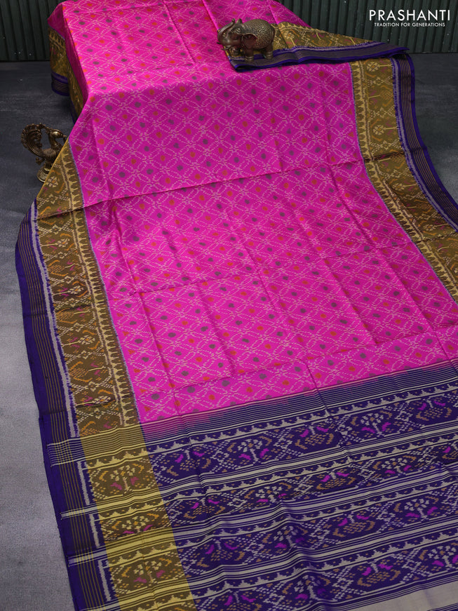 Rajkot patola silk saree pink and blue with allover ikat weaves and zari woven ikat border