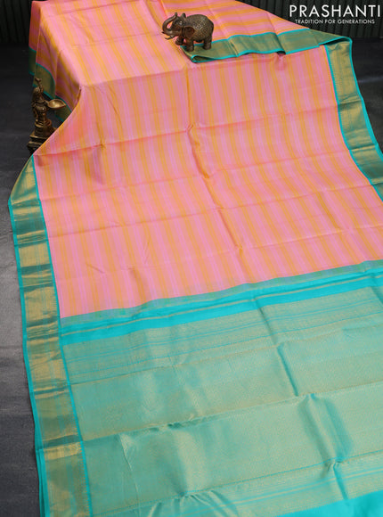 Pure kanchipuram silk saree candy pink and teal green with allover thread weaves and zari woven korvai border