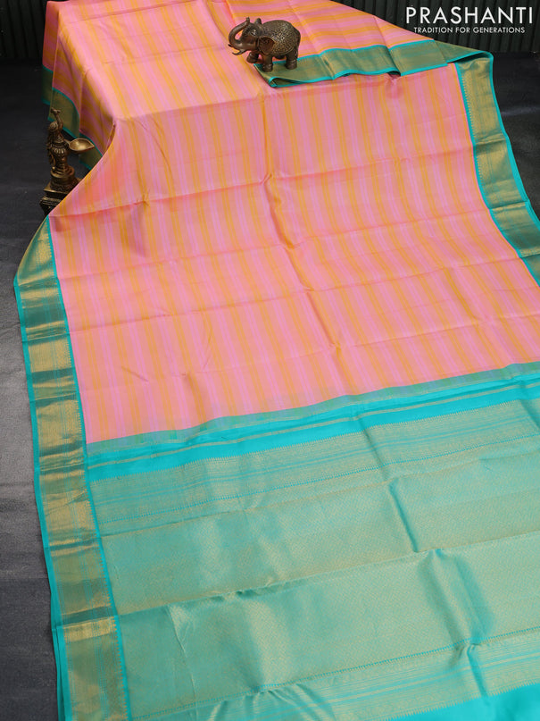 Pure kanchipuram silk saree candy pink and teal green with allover thread weaves and zari woven korvai border