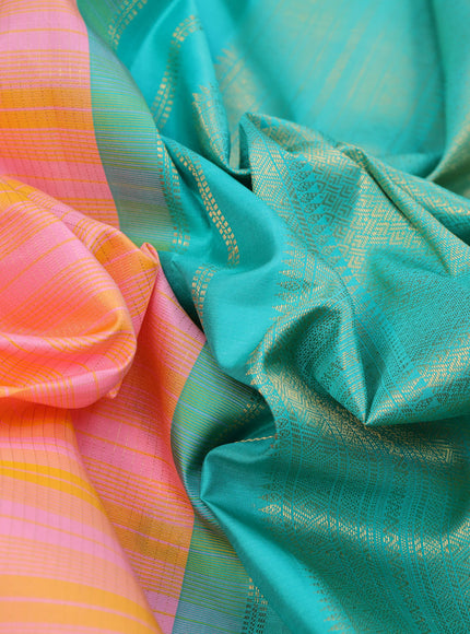 Pure kanchipuram silk saree candy pink and teal green with allover thread weaves and zari woven korvai border