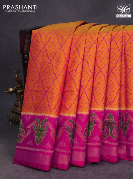 Rajkot patola silk saree mustard yellow and pink with allover ikat weaves and ikat woven zari border