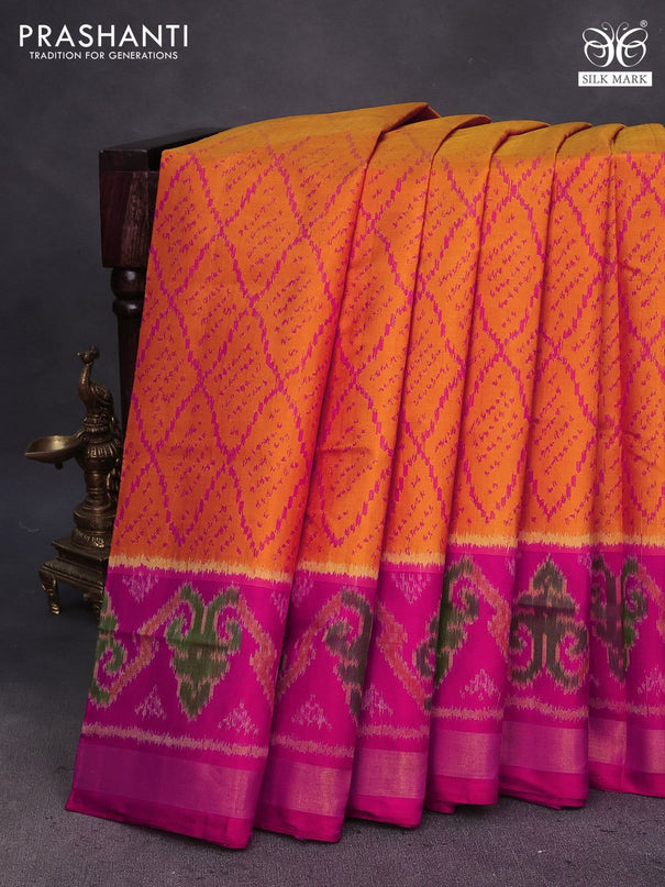 Rajkot patola silk saree mustard yellow and pink with allover ikat weaves and ikat woven zari border