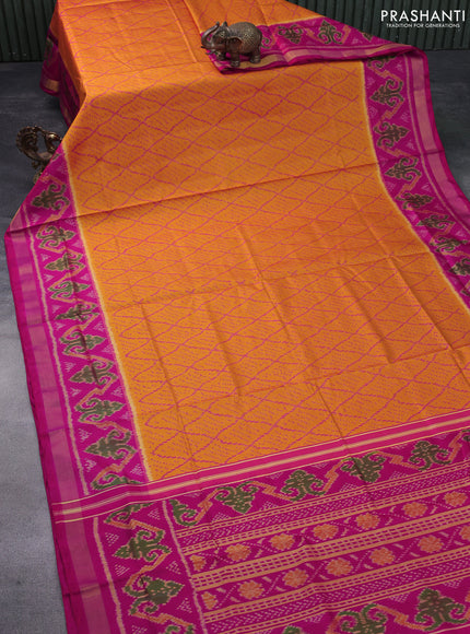 Rajkot patola silk saree mustard yellow and pink with allover ikat weaves and ikat woven zari border