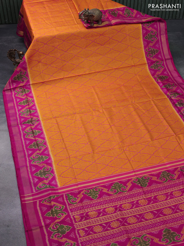 Rajkot patola silk saree mustard yellow and pink with allover ikat weaves and ikat woven zari border