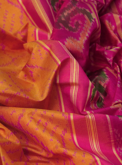 Rajkot patola silk saree mustard yellow and pink with allover ikat weaves and ikat woven zari border