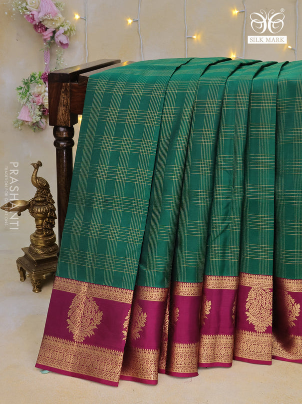 Pure kanchipuram silk saree green and purple with allover zari checked pattern and zari woven butta border