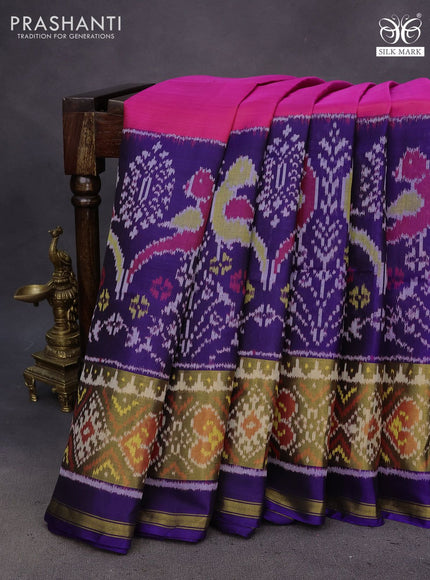 Rajkot patola silk saree pink and blue with plain body and long ikat woven zari border