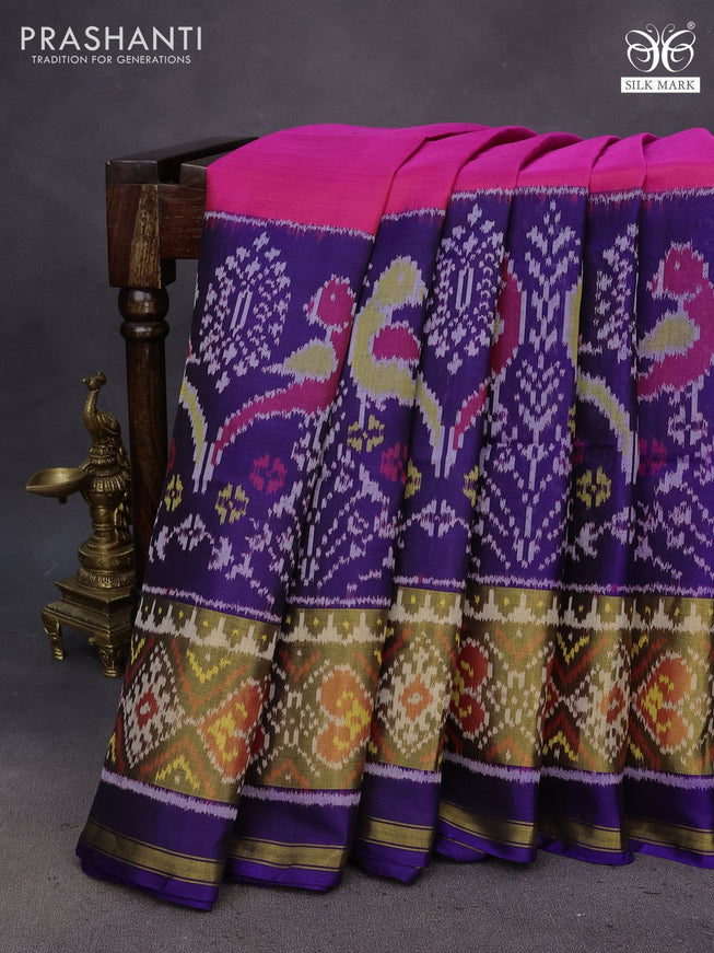 Rajkot patola silk saree pink and blue with plain body and long ikat woven zari border