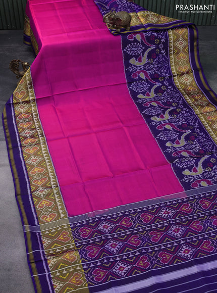 Rajkot patola silk saree pink and blue with plain body and long ikat woven zari border