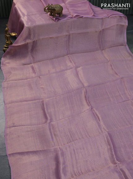 Organza crushed tissue silk saree pastel purple and mustard yellow with plain body in borderless style