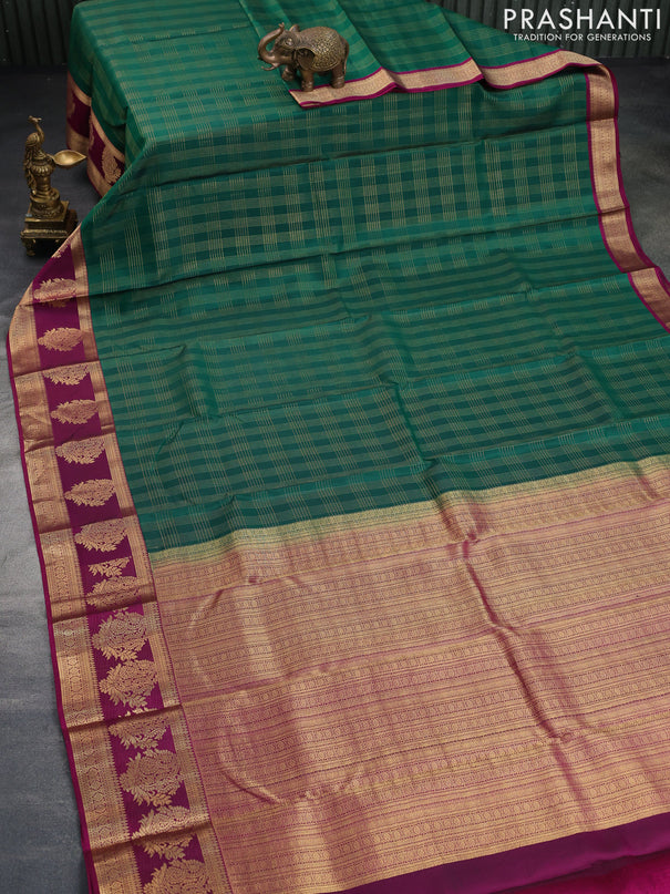 Pure kanchipuram silk saree green and purple with allover zari checked pattern and zari woven butta border