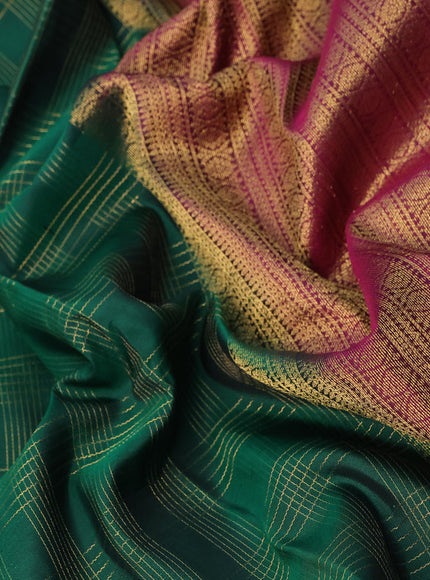 Pure kanchipuram silk saree green and purple with allover zari checked pattern and zari woven butta border