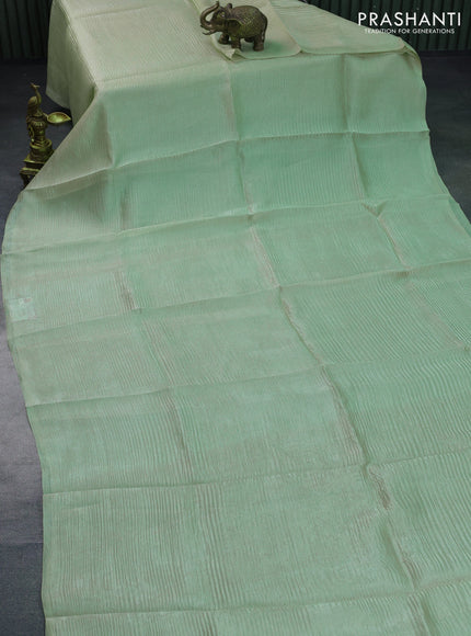 Organza crushed tissue silk saree pastel green and blue with plain body in borderless style