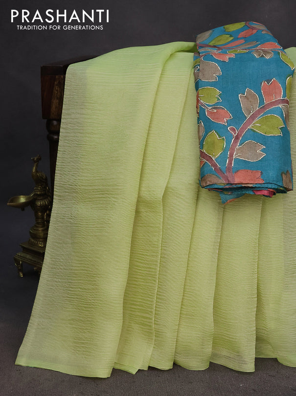 Organza crushed tissue silk saree yellow and teal blue with plain body in borderless style