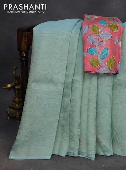 Organza crushed tissue silk saree pastel blue and pink shade with plain body in borderless style