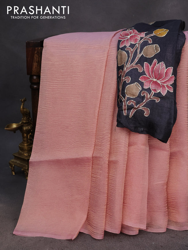 Organza crushed tissue silk saree pastel pink and black with plain body in borderless style