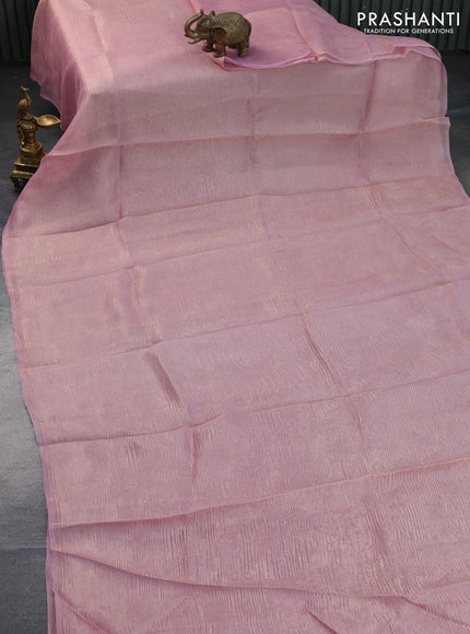 Organza crushed tissue silk saree pastel pink and black with plain body in borderless style