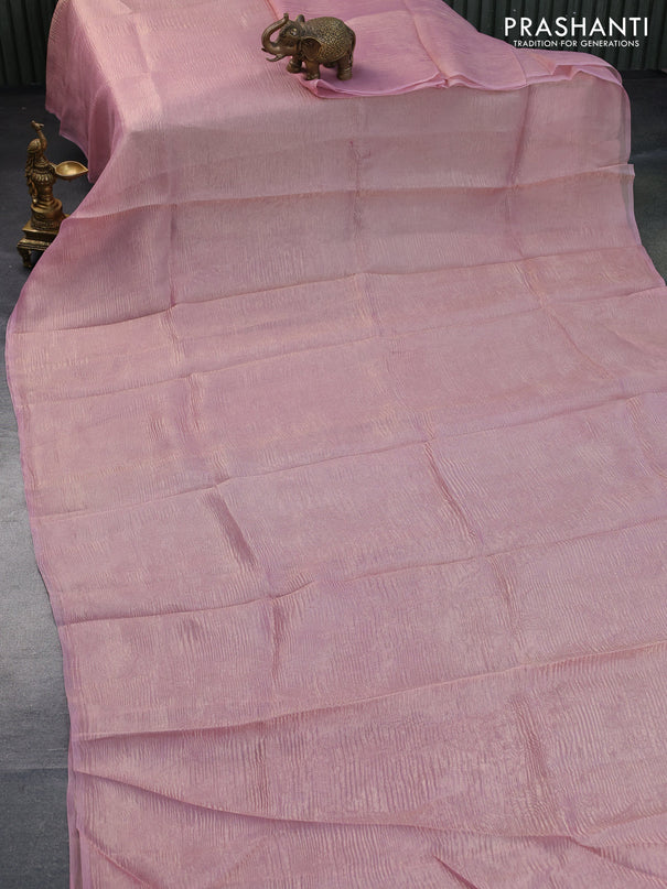 Organza crushed tissue silk saree pastel pink and black with plain body in borderless style