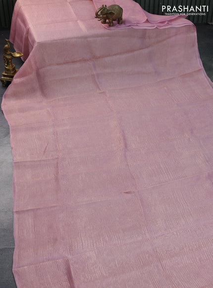 Organza crushed tissue silk saree pastel pink and teal blue with plain body in borderless style