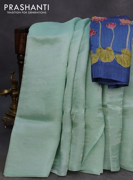 Organza crushed tissue silk saree pastel green shade and peacock blue with plain body in borderless style