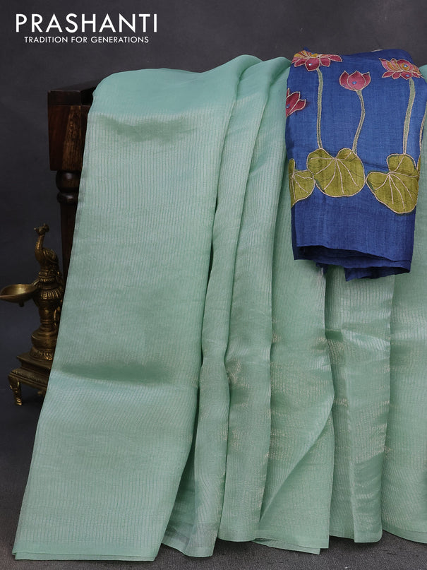 Organza crushed tissue silk saree pastel green shade and peacock blue with plain body in borderless style