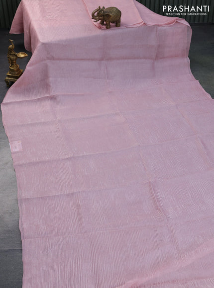 Organza crushed tissue silk saree pastel pink and green with plain body in borderless style