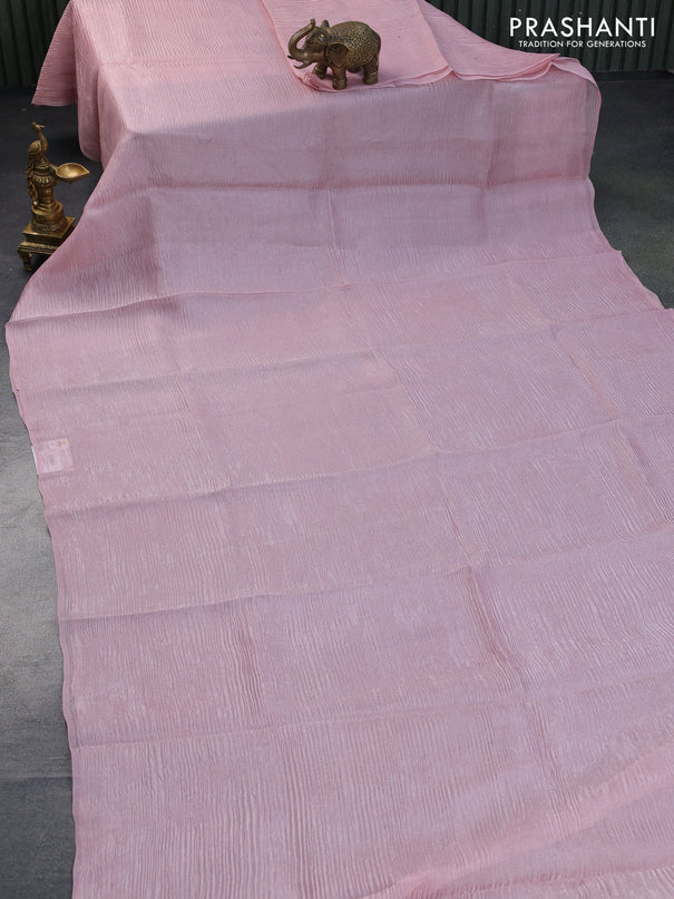 Organza crushed tissue silk saree pastel pink and green with plain body in borderless style