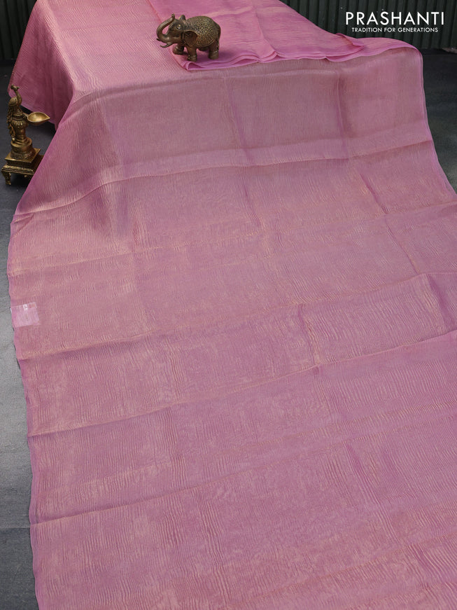 Organza crushed tissue silk saree pink shade and green with plain body in borderless style