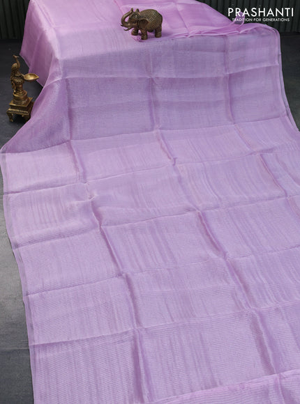 Organza crushed tissue silk saree lavender shade and green with allover silver zari weaves in borderless style