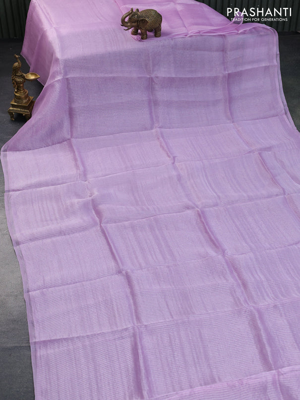 Organza crushed tissue silk saree lavender shade and green with allover silver zari weaves in borderless style