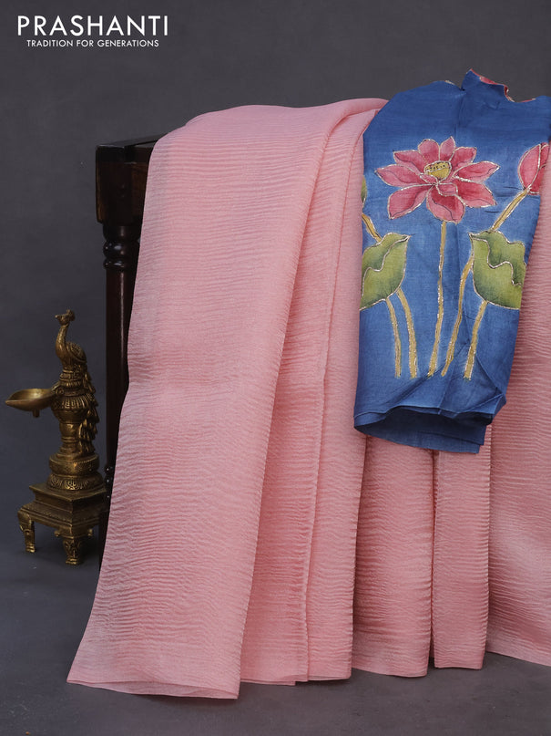 Organza crushed tissue silk saree light pink and blue with plain body in borderless style