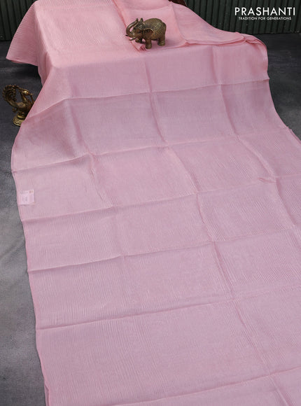 Organza crushed tissue silk saree light pink and blue with plain body in borderless style