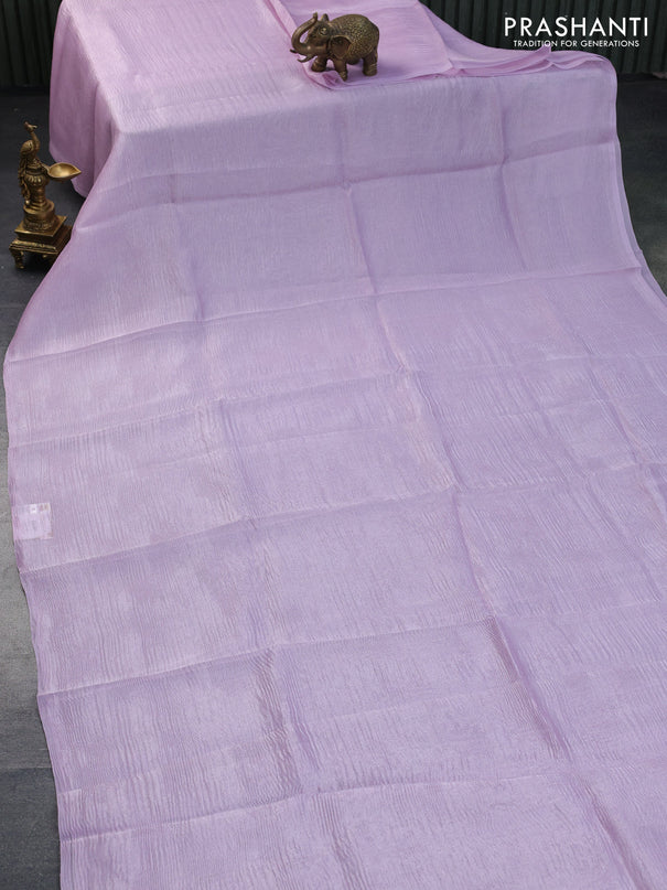 Organza crushed tissue silk saree lavender shade and green with plain body in borderless style