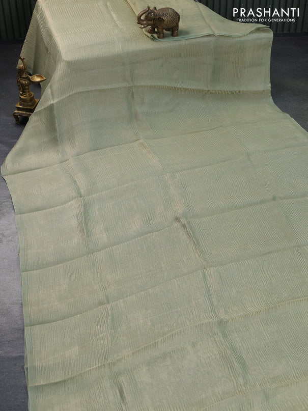 Organza crushed tissue silk saree pastel green and grey shade with zari weaves in borderless style