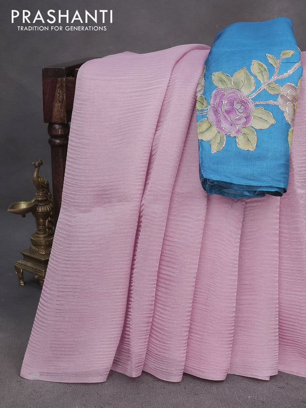 Organza crushed tissue silk saree light pink and cs blue with plain body in borderless style