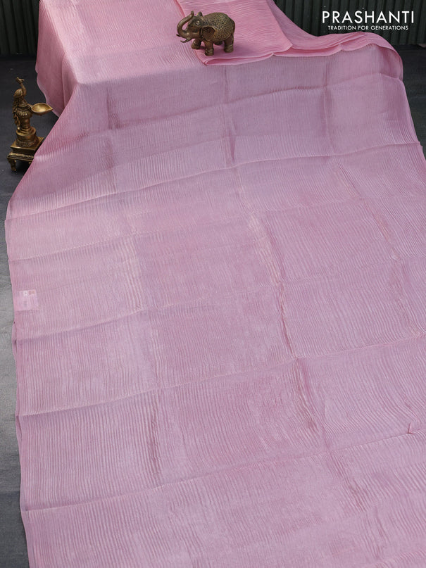 Organza crushed tissue silk saree light pink and cs blue with plain body in borderless style