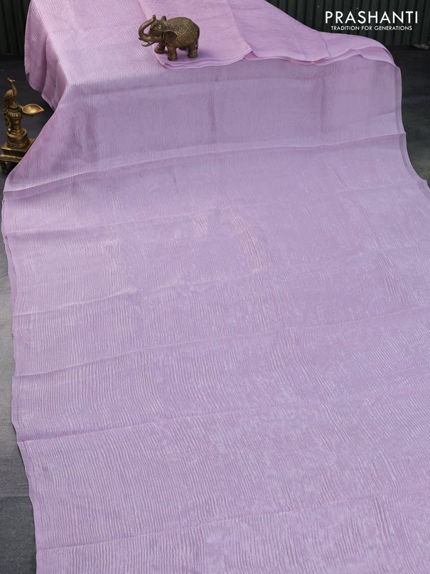 Organza crushed tissue silk saree lavender shade and teal blue with plain body in borderless style