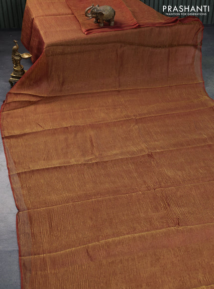 Organza crushed tissue silk saree maroonish gold and cs blue with plain body in borderless style