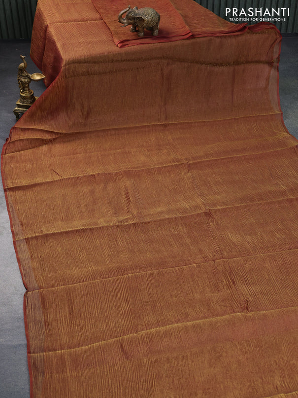 Organza crushed tissue silk saree maroonish gold and cs blue with plain body in borderless style