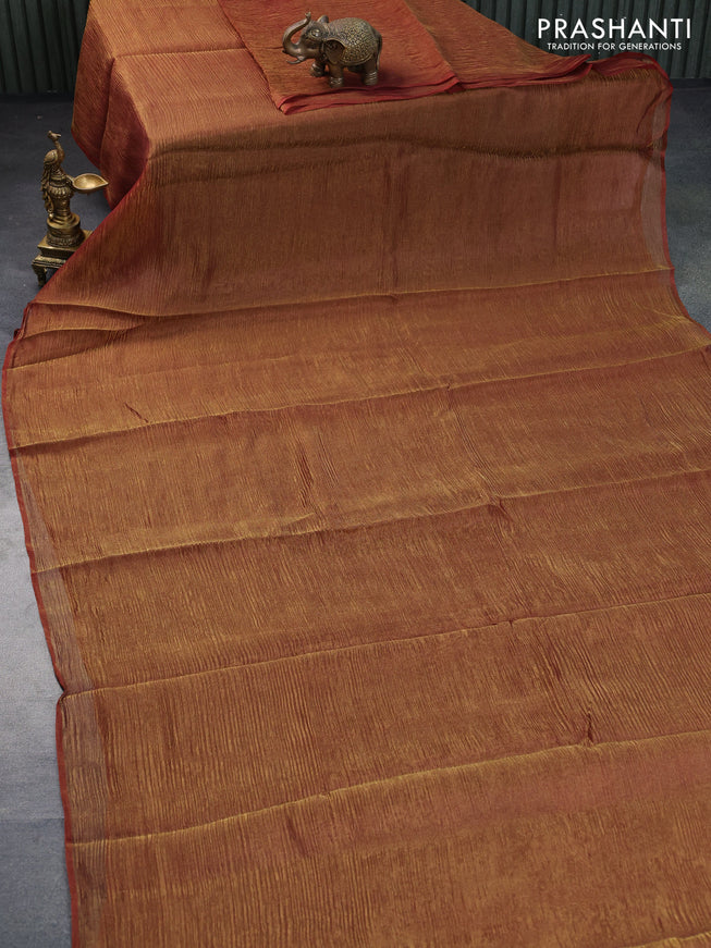 Organza crushed tissue silk saree maroonish gold and cs blue with plain body in borderless style