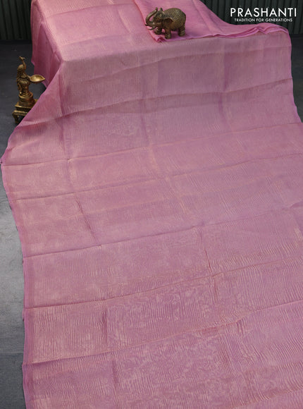 Organza crushed tissue silk saree pink shade with plain body in borderless style