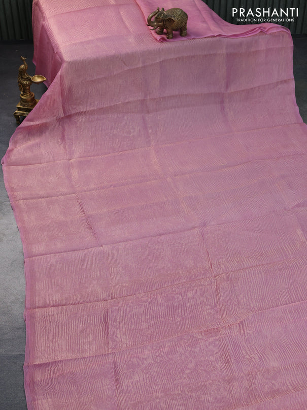 Organza crushed tissue silk saree pink shade with plain body in borderless style