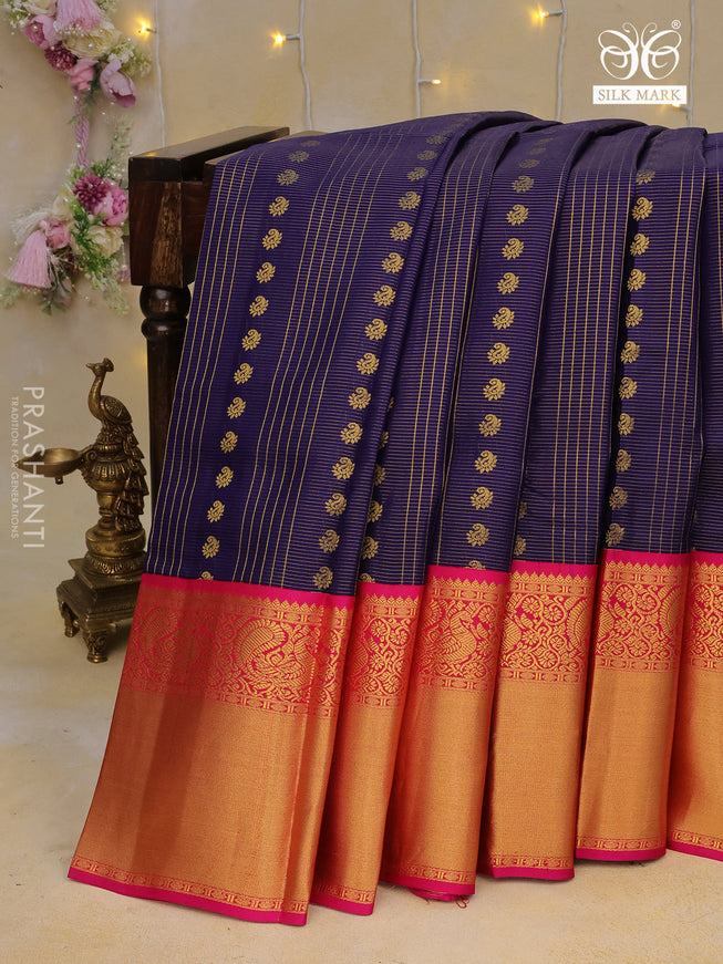 Pure kanchipuram silk saree blue and pink with allover zari weaves & buttas and annam zari woven korvai border