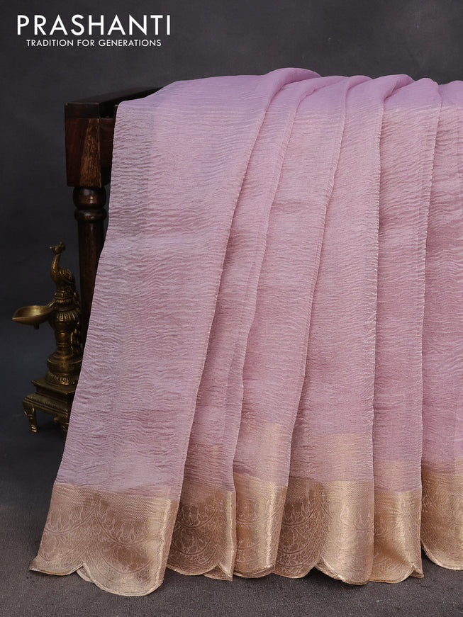 Organza crushed tissue silk saree lotus pink with plain body and zari woven border