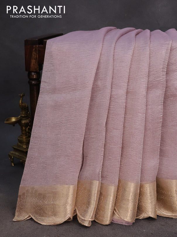 Organza crushed tissue silk saree pastel lavender with plain body and zari woven border