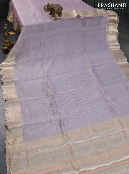 Organza crushed tissue silk saree pastel lavender with plain body and zari woven border