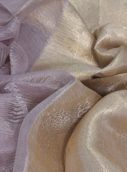 Organza crushed tissue silk saree pastel lavender with plain body and zari woven border